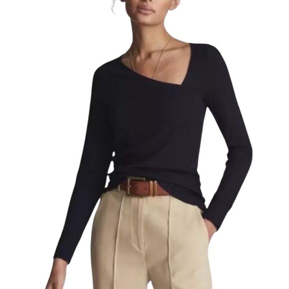 Reiss Carly Black Ribbed Asymmetrical Neck Long Sleeve Shirt Women’s XS - Picture 1 of 6